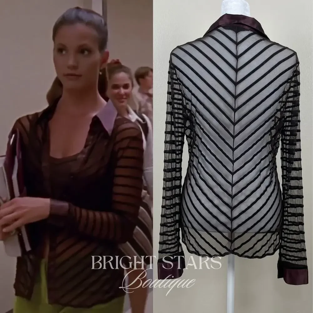 Super Rare Brown Sheer Stripe Top ASO Cordelia Chase Buffy The Vampire Slayer